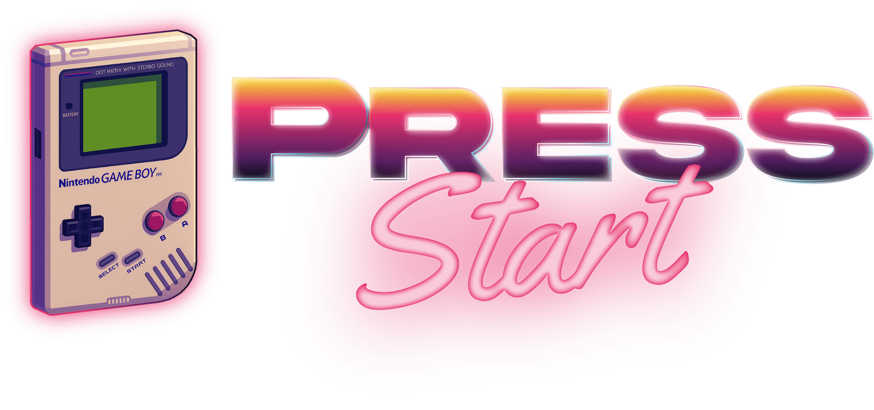 Logo Press Start Lab - Game Boy style rétro-gaming avec typographie néon rose et violette sans fond